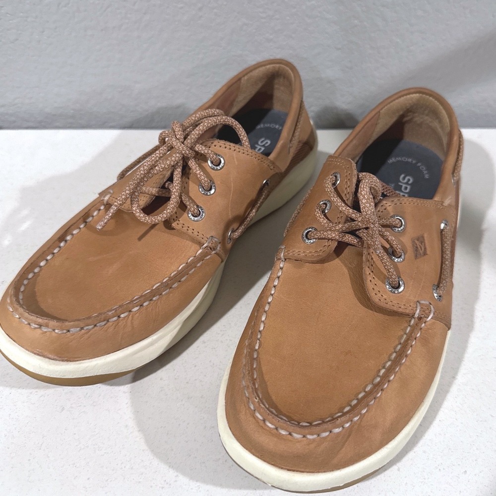 Sperry Top-Sider 9.5 Brown Leather Mesh Boat Shoes Memory Foam Loafers STS22025